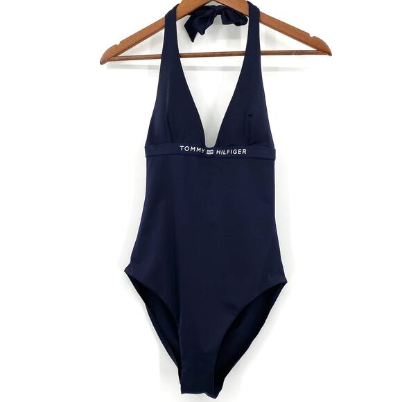 Tommy Hilfiger Logo Halter One Piece Swimsuit in Navy Blue Stretchy size S NWT - Picture 2 of 14